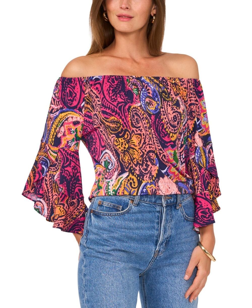 Vince Camuto Paisley-Print Off-The-Shoulder Flutter-Sleeve Top Size XL 4021